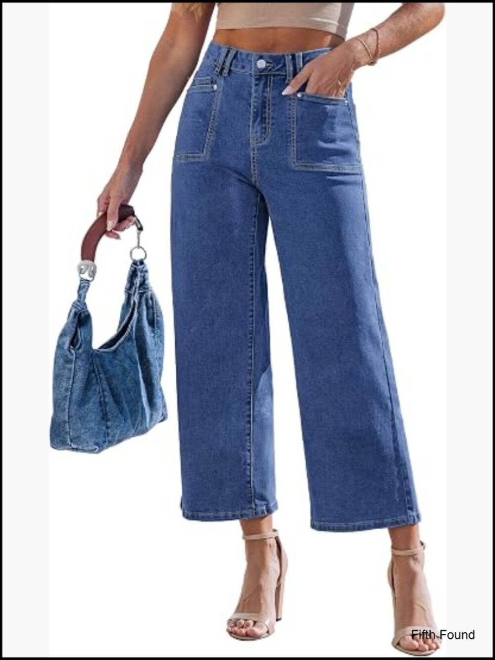High Rise Wide Leg Cropped Baggy Jeans Stretchy Denim Pants
